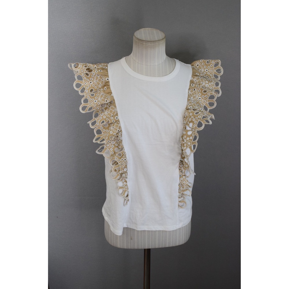 Veronica Beard Jeans Jadi Top S White Tan Eyelet Ruffle Sleeveless Tee Women